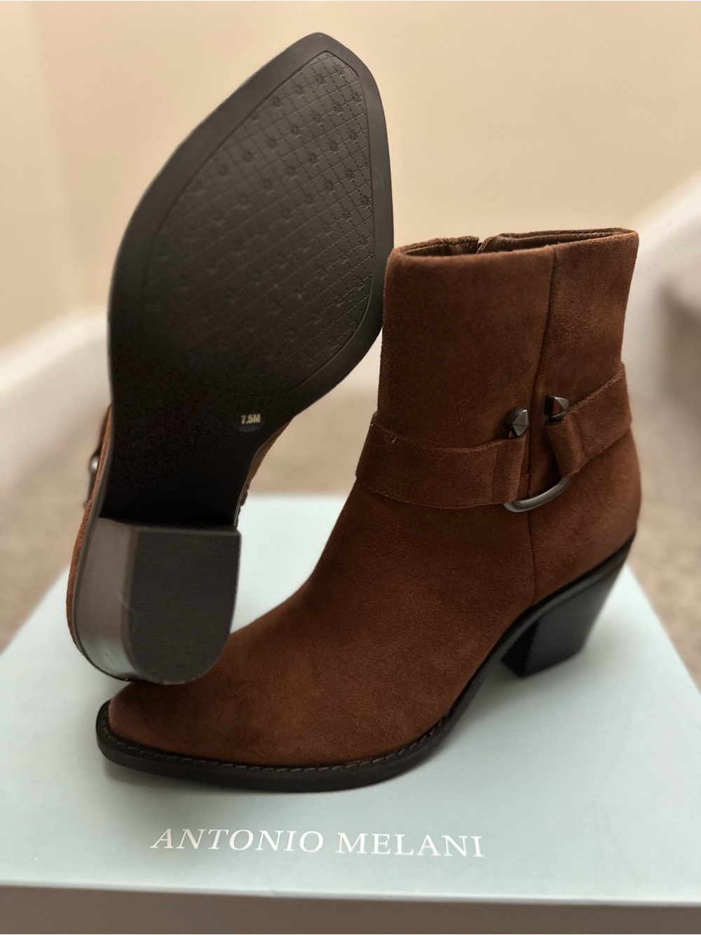 ANTONIO MELANI Chocolate Brown Suede Ankle Booties with Western Block Heel